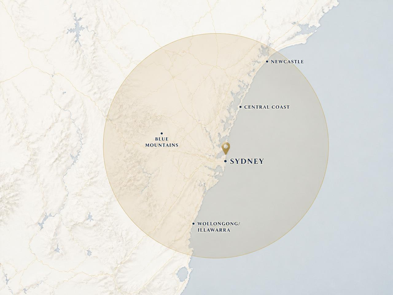 Map showing 200km service radius around Sydney CBD covering metropolitan Sydney, the Central Coast, Newcastle, Blue Mountains and the Illawarra